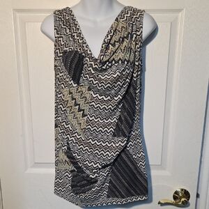 Franco Mirabelli Sleeveless Zigzag Drape Neck Tank - Black, White & Cream Sz M